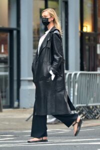 Karlie Kloss in a Black Leather Coat