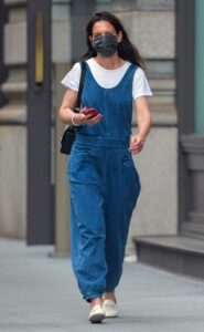 Katie Holmes in a Blue Polka Dot Jumpsuit