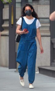 Katie Holmes in a Blue Polka Dot Jumpsuit
