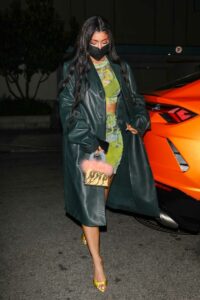 Kylie Jenner in a Green Leather Coat