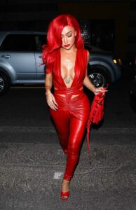 Nikita Dragun in a Red Leather Jumpsuit