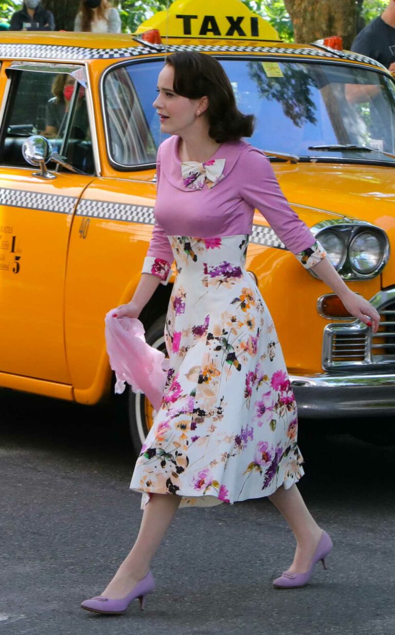 Rachel Brosnahan in a Floral Dress on the Set of The Marvelous Mrs ...