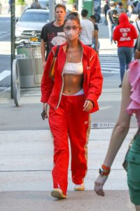 Bella Hadid in a Red Tracksuit