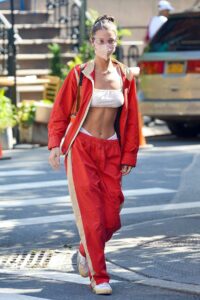 Bella Hadid in a Red Tracksuit