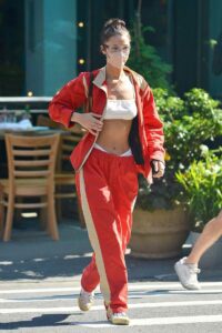 Bella Hadid in a Red Tracksuit