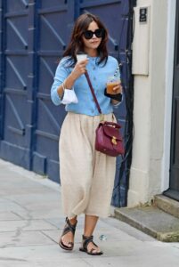 Jenna Coleman in a Beige Skirt