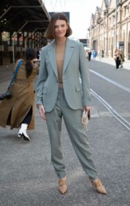 Montana Cox in a Grey Pantsuit