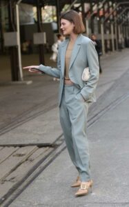 Montana Cox in a Grey Pantsuit