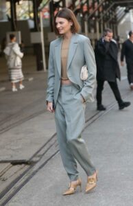 Montana Cox in a Grey Pantsuit