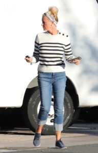 Sandra Lee in a White Striped Sweater
