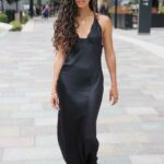 Vick Hope in a Black Satin Dress Exits Her Hotel in London 06/06/2021