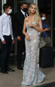 Anna Hiltrop in a Silver See-Through Dress