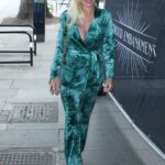 Denise Van Outen in a Green Snakeskin Print Suit Arrives at the Proud Embankment Cabaret Club in London 07/02/2021
