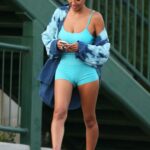 CJ Franco in a Light Blue Workout Ensemble Leaves Sunset Pilates in Los Angeles 08/20/2021