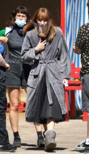 Eleanor Tomlinson in a Grey Bathrobe