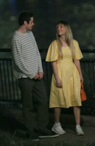 Kaley Cuoco in a Yellow Checked Dress