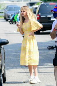 Kaley Cuoco in a Yellow Checked Dress