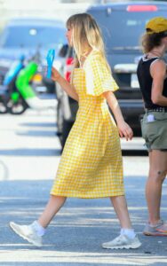 Kaley Cuoco in a Yellow Checked Dress