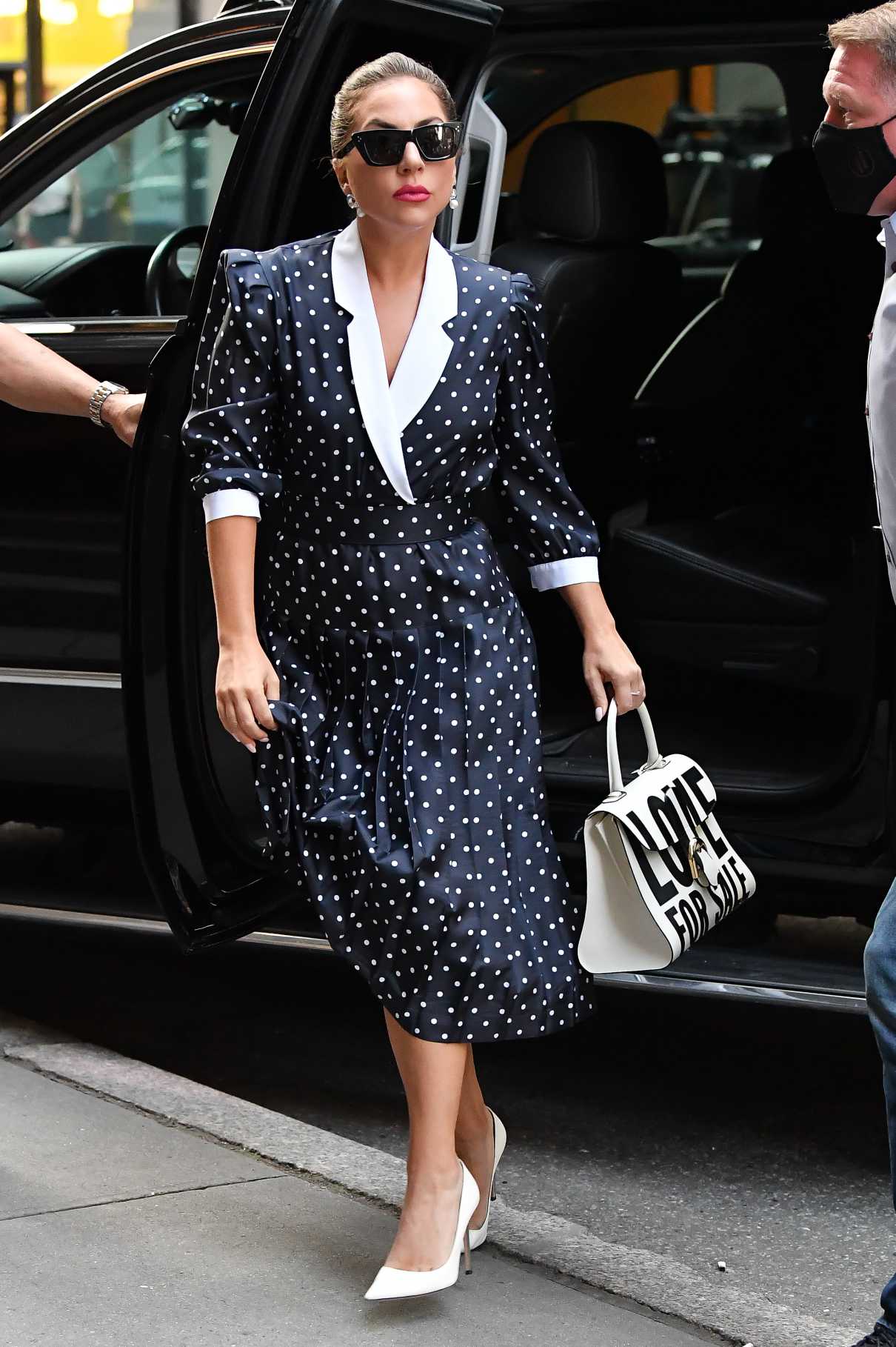 Lady Gaga in a Black Polka Dot Dress Arrives to Radio City Music Hall ...