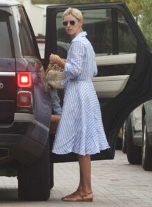 Nicky Hilton in a Pinstripe Blue Dress