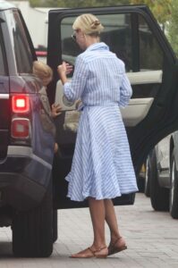 Nicky Hilton in a Pinstripe Blue Dress