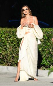Alessandra Ambrosio in a Beige Shoulder-Less Dress
