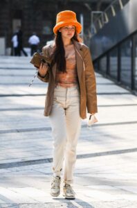Gigi Hadid in a Brown Leather Blazer