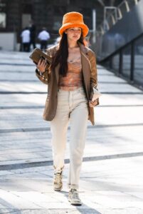 Gigi Hadid in a Brown Leather Blazer