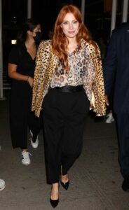 Jessica Chastain in an Animal Print Blazer