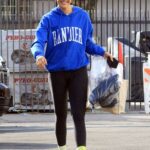 Amanda Kloots in a Blue Hoodie Arrives for Rehearsals at the Dancing With The Stars Studio in Los Angeles 10/23/2021