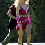 Emmy Rossum in a Pink Mini Dress on the Set of Her New Film Angelyne in Los Angeles 10/12/2021