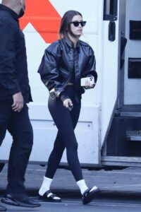 Hailey Bieber in a Black Leather Jacket