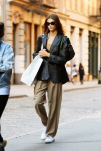 Kaia Gerber in a Black Leather Blazer