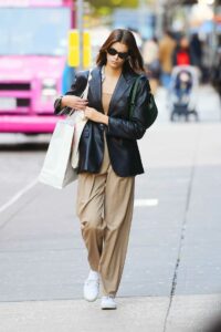 Kaia Gerber in a Black Leather Blazer