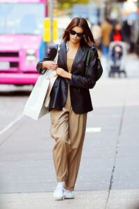 Kaia Gerber in a Black Leather Blazer