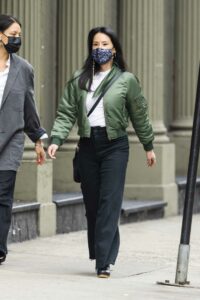 Lucy Liu in a Green Bomber Jacket