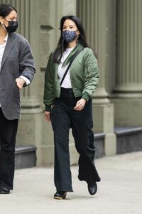 Lucy Liu in a Green Bomber Jacket