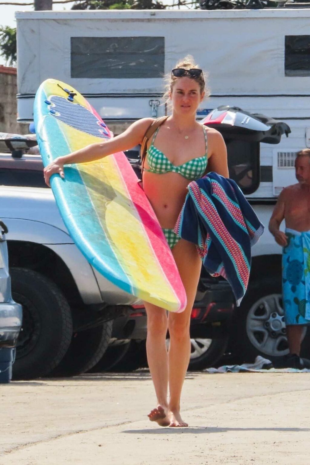 Shailene Woodley in a Green Checked Bikini on the Beach in Malibu 09/30
