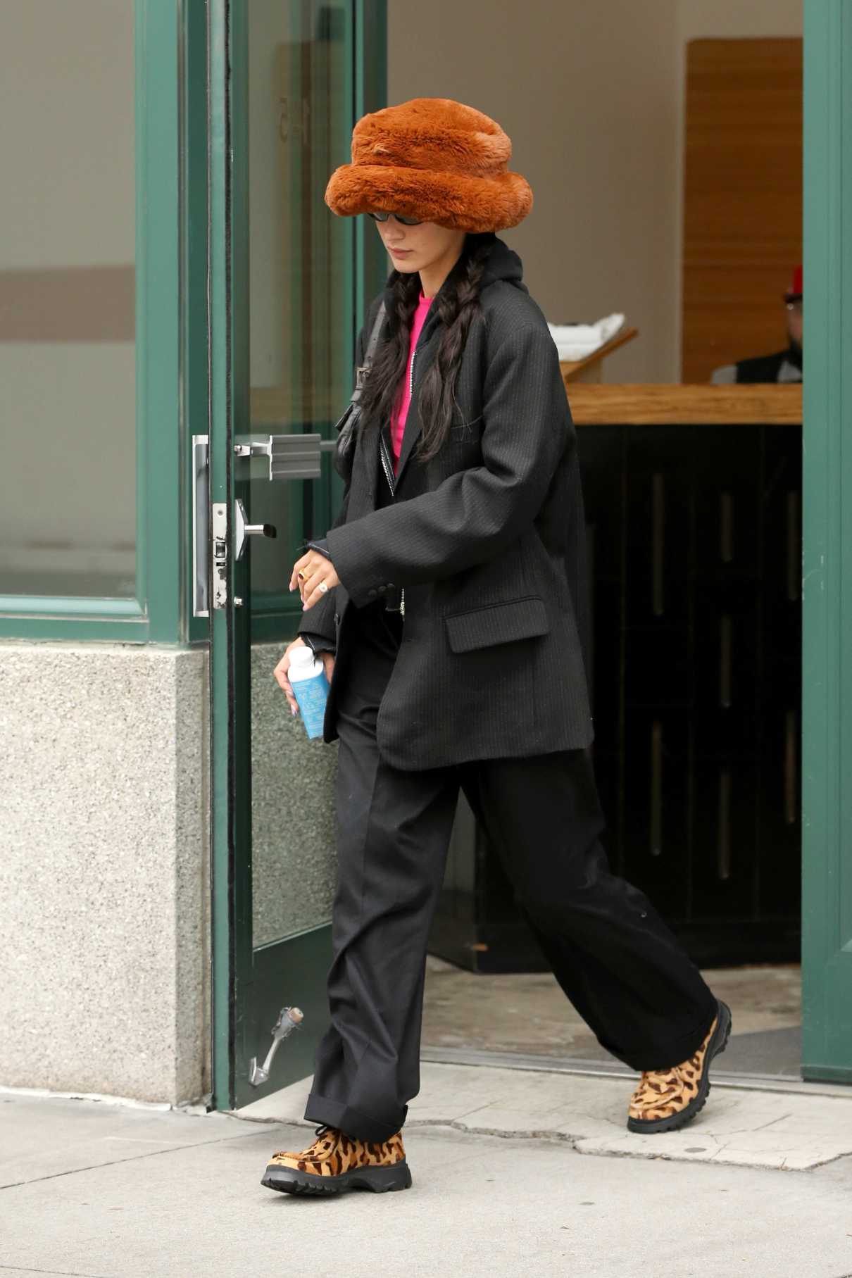 Bella Hadid in a Fuzzy Hat