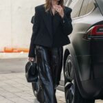 Hailey Bieber in a Black Leather Pants Arrives at a Meeting in Beverly Hills 11/05/2021