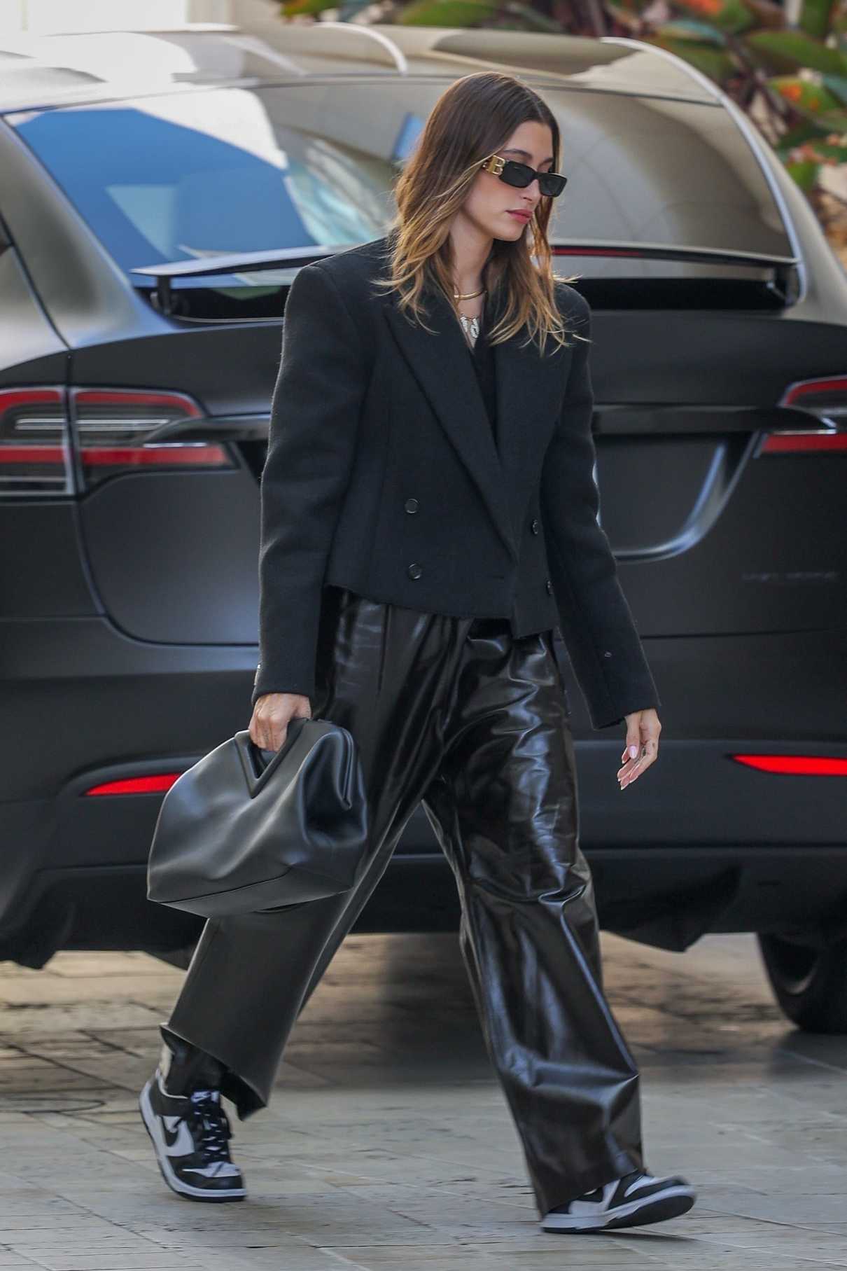 Hailey Bieber in a Black Leather Pants Arrives at a Meeting in Beverly ...