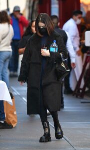 Selena Gomez in a Black Sheepskin Coat