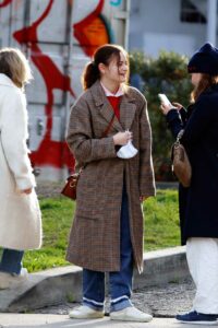 Joey King in a Plaid Coat