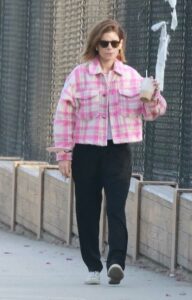 Kate Mara in a Pink Plaid Jacket