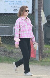 Kate Mara in a Pink Plaid Jacket
