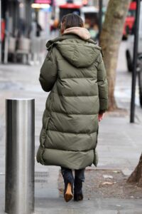 Kelly Brook in an Olive Puffer Coat