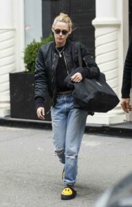 Kristen Stewart in a Black Bomber Jacket