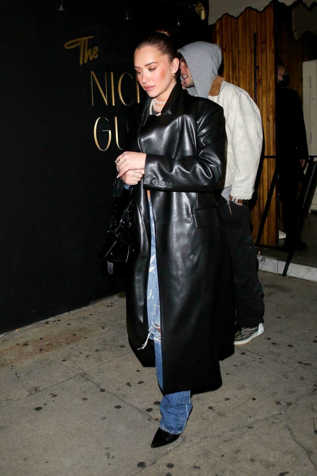 Anastasia Karanikolaou in a Black Leather Coat Leaves The Nice Guy in