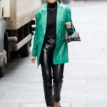 Ashley Roberts in a Green Leather Blazer Leaves the Global Radio Studios in London 01/27/2022