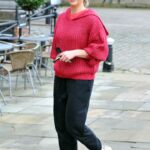 Gemma Atkinson in a Red Sveater Arrives at Hits Radio Network in Manchester 01/26/2022